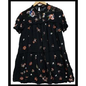 Zara Embroidered Floral Lace Eyelet Babydoll Dress Women’s XS Black Boho